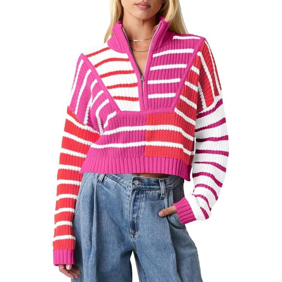 Women’s Rose Red Saodi mallsu Striped Cropped Zip Up Sweater, Color Block - Picture 1 of 6